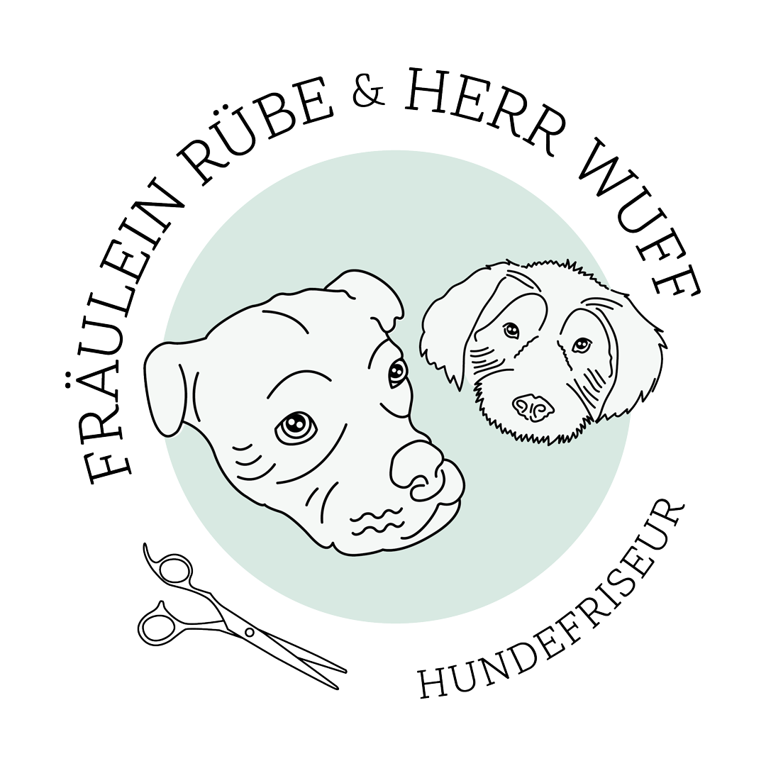 Logo von fraeuleinruebe.de mit zwei Hundeköpfen von Fräulein Rüber & Herr Wuff einr Schere und dem Untertitel Hundefriseur auf einem salbeifarbenen grünen Hintergrund